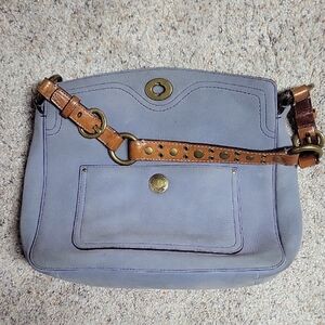 Gray Leather Shoulder Bag with Brown Strap